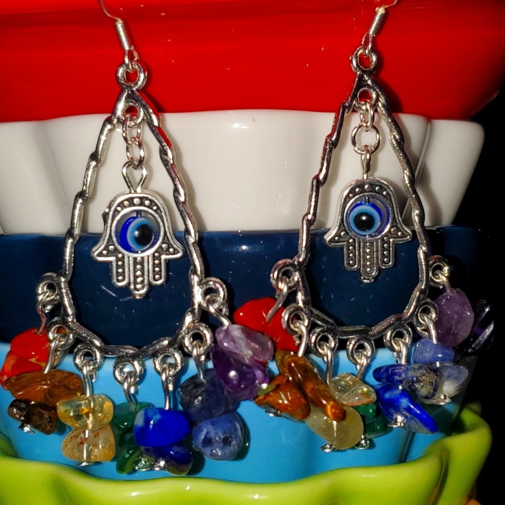 Chakra chandelier earring with evil eye